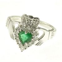 Image for 14K White Gold Diamond and Emerald Claddagh Ring