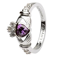 Silver Claddagh Birthstone Rings, February