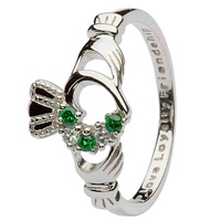 Open Heart Claddagh Ring - Sterling Silver Emerald CZ