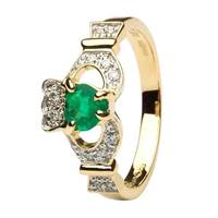 Ladies 14K Yellow Gold Claddagh With Emerald And Diamond