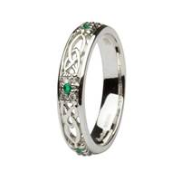 14K White Gold Diamond and Emerald Trinity Knot Wedding Ring