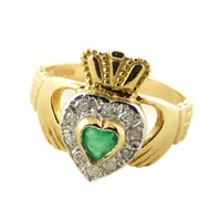 Facet 14K Yellow Gold Emerald and Diamond Fancy Claddagh Ring