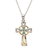 Sterling Silver Celtic Trinity Emerald and Diamond Cross