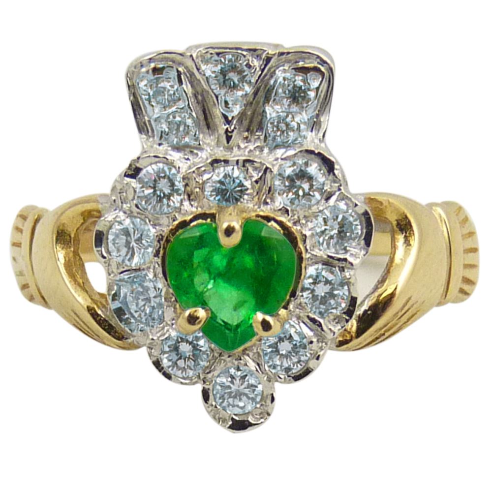14k Yellow Gold Emerald and Diamond Claddagh Ring Irish Jewelry