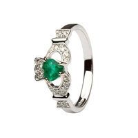 Ladies 14K White Gold Claddagh with Emerald and Diamond