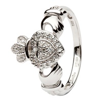 Shanore 14K White Gold Ladies Claddagh Ring Encrusted with Diamonds