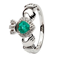 Image for 14K White Gold Irish Empress Claddagh with Emerald and Diamond