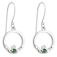 Image for Sterling Silver Green Crystal Claddagh Drop Earrings