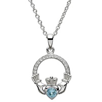 Sterling Silver Claddagh March Birthstone Necklace Aquamarine and Swarovski Crystal