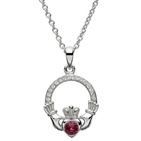 Sterling Silver Claddagh Birthstone Feburary Pendant Adorned with Swarovski Crystal