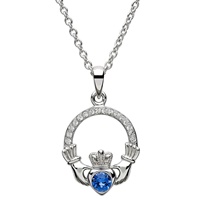 Sterling Silver Claddagh Birthstone September Necklace Aquamarine and Swarovski Crystal