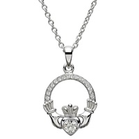 Sterling Silver Claddagh Birthstone April Pendant Adorned with Swarovski Crystal