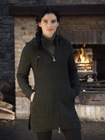 Image for Aran Crafts Merino Wool Ribbed Coat with Hood, Army Green