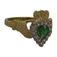 Image for 14K Yellow Gold Diamond and Emerald Claddagh Ring
