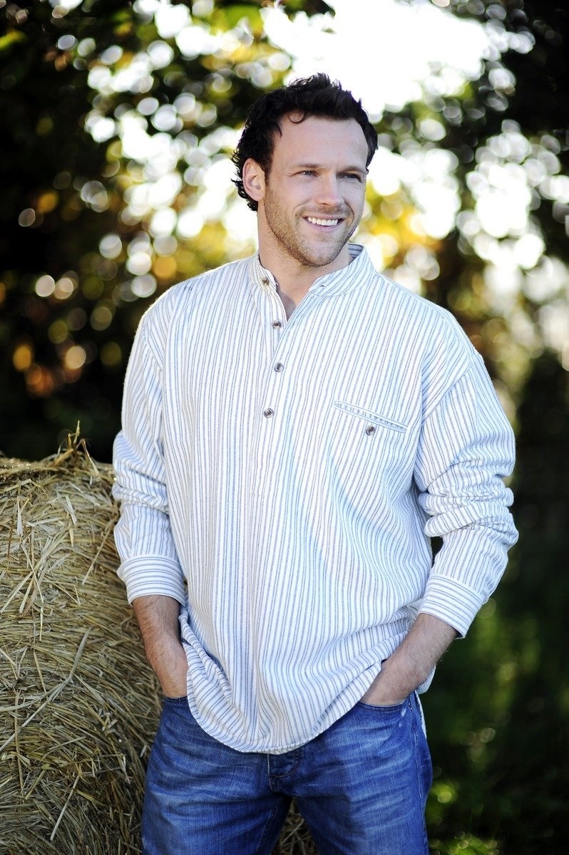 Stripe Flannel Irish Collarless Grandfather Shirt, Blue/Ivory 