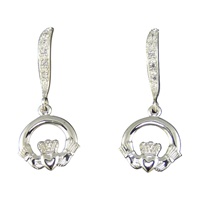 Image for Tiny Claddagh Sterling Silver CZ Wave Dangle Earrings