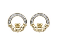 14K Yellow Gold Diamond Set Claddagh Stud Earrings