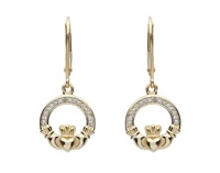 14K Yellow Gold Diamond Set Claddagh Drop Earrings