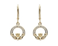 14K Yellow Gold Diamond Set Claddagh Drop Earrings