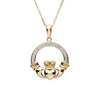 14K Yellow Gold Diamond Set Claddagh Pendant
