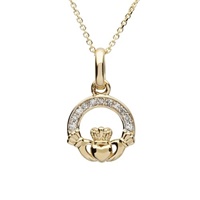 Image for 14K Yellow Gold Diamond Set Claddagh Necklace