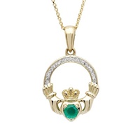 14K Yellow Gold with Emerald and Diamond Claddagh Pendant