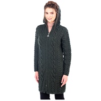 Image for Irish Aran Cable Knit Hooded Zip Coatigan Irish Sweater, Blackwatch Green