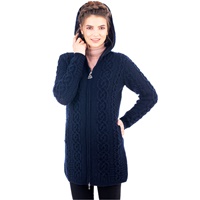 Irish Aran Cable Knit Hooded Zip Long Sweater - Navy