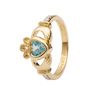 14K Yellow Gold December Claddagh Birthstone Ring, Blue Topaz