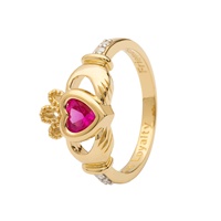 14K Yellow Gold October Claddagh Birthstone Ring, Pink Gem