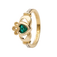 14K Yellow Gold May Claddagh Birthstone Ring, Emerald