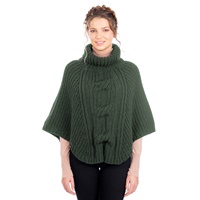 Image for Irish Cable Knit Cowlneck Poncho, Army Green