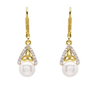 Image for 14KT Gold Vermeil Pearl/CZ Trinity Knot Drop Earrings