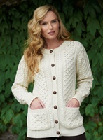 Aran Crafts Traditional Ladies Aran Cardigan Irish Sweater, Natural