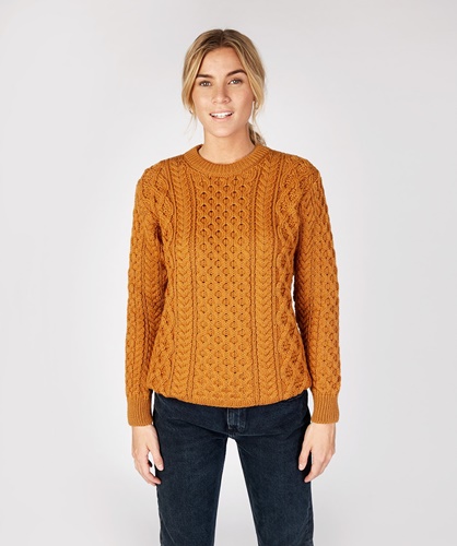 Blasket Honeycomb Stitch Aran Crewneck Irish Sweater, Golden Ochre