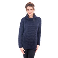 Image for Ladies Aran Turtleneck Ribbed Cable Knit Sweater, Navy