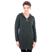 Irish Aran Cable Knit Hooded Zip Long Sweater -Green