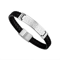 Image for Stainless Steel Mans Black Leather Celtic Bracelet