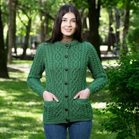 Irish Ladies Cardigan with Leather Buttons, Green