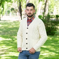 Mens V Neck Cable Cardigan, Natural