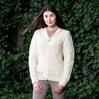 Image for Ladies Double Collar Zipped Aran Cardigan, Natural