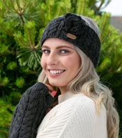 Image for Erin Knitwear Aran Cable Headband with Flower, Charcoal