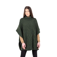 Image for Ladies Aran Cowl Neck Irish Poncho, Army Green