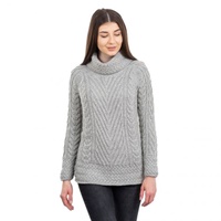 Ladies Aran Turtleneck Ribbed Cable Knit Sweater, Grey