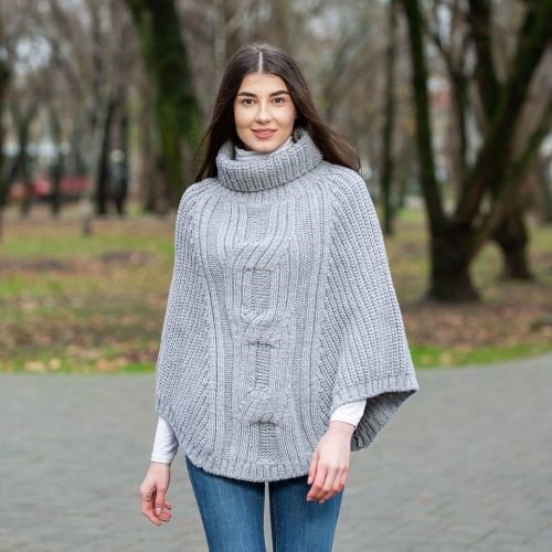 Irish Cable Knit Cowlneck Poncho, Grey - Irish Jewelry, Irish Store, Tipperary Irish Importer