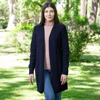 Image for Ladies Classic Fit Long Cardigan Irish Sweater with Hood, Navy