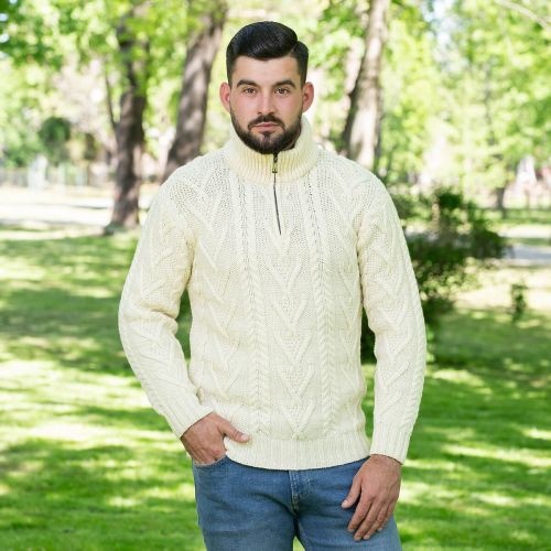 Men's Zip Neck Fisherman Sweater, Natural - Irish Jewelry