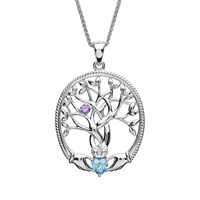 Image for Sterling Silver Tree of Life 1 Stone Irish Family Claddagh Birthstone Pendant