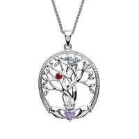 Image for Sterling Silver Tree of Life 2 Stone Irish Family Claddagh Birthstone Pendant
