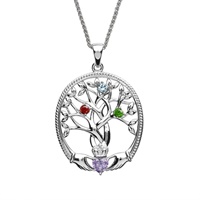 Image for Sterling Silver Tree of Life 3 Stone Irish Family Claddagh Birthstone Pendant